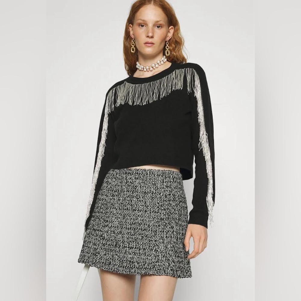 NWT Cinq À Sept Althea Metallic Fringe Embellished Sweater In Black Silver